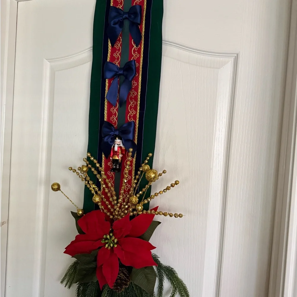 Festive over the door sided double hang holiday door decor wreath military style